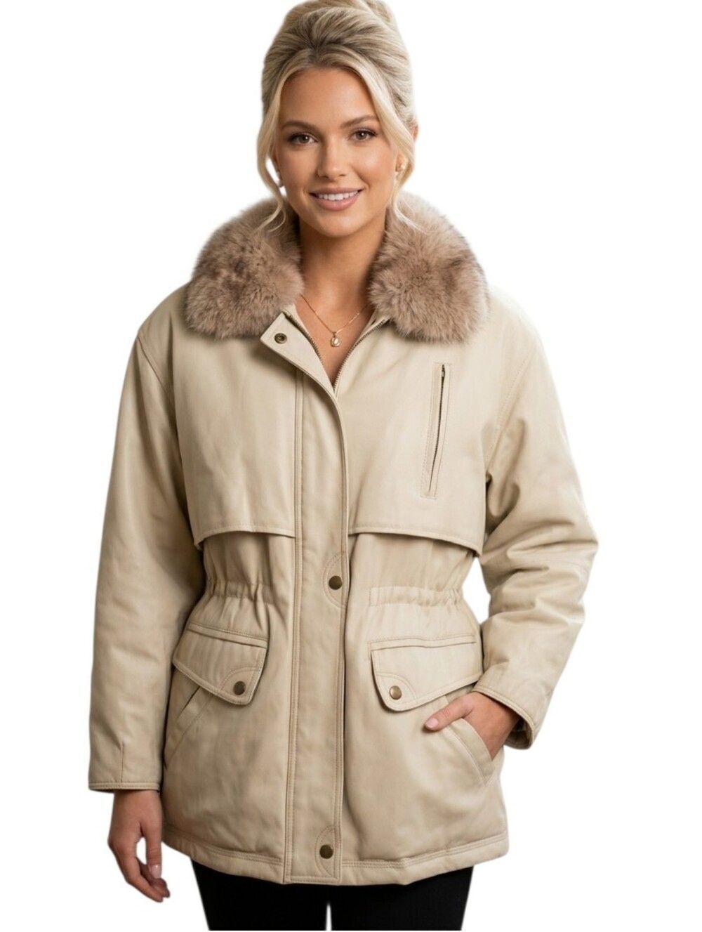 GUY LAROCHE Fox Fur Collar Drawstring Jacket - Size S